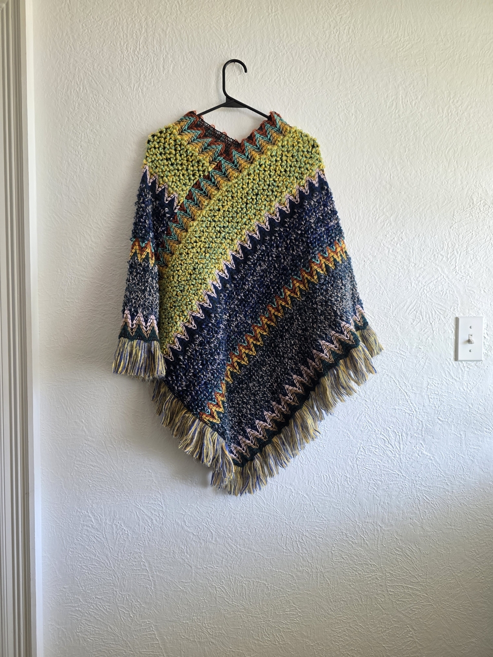 Boho Festival Vibes Handmade Multicolor Chevron Knit Poncho In Yellow & Navy